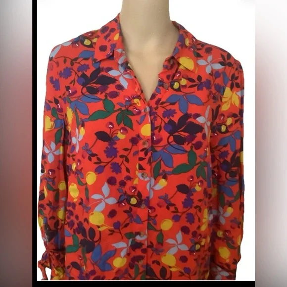 Maeve Red Floral Button-Down Shirt w/ Multicolor fruit Print Sz 12 - Picture 5 of 12